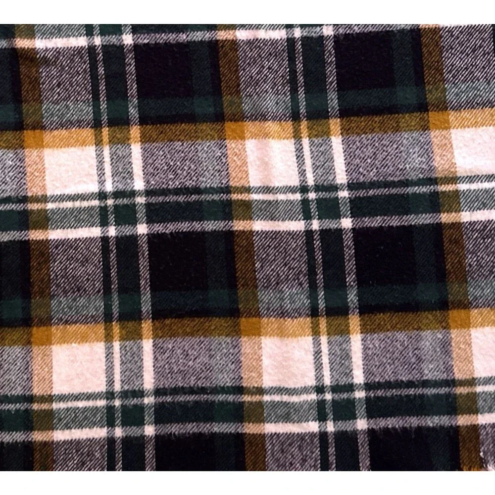 Vtg Troy Wool Leisure Blanket Green Navy Plaid Stadium Throw Fringe 48x53 USA